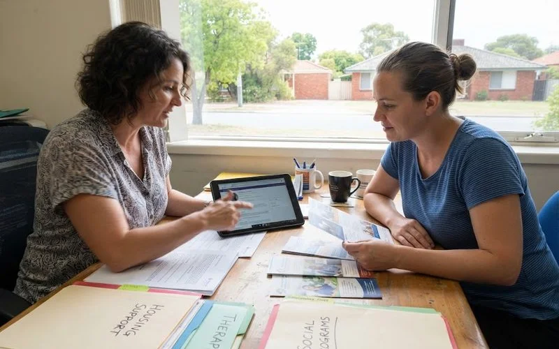 A person using a wheelchair consults with a support worker at a bright office desk while reviewing service options on a laptop.