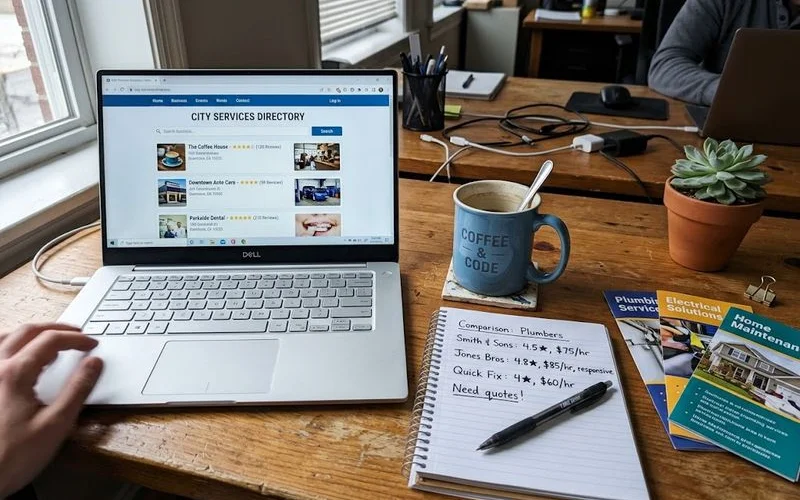 Close-up of hands reviewing a printed comparison chart of local disability support providers alongside a laptop showing ratings.